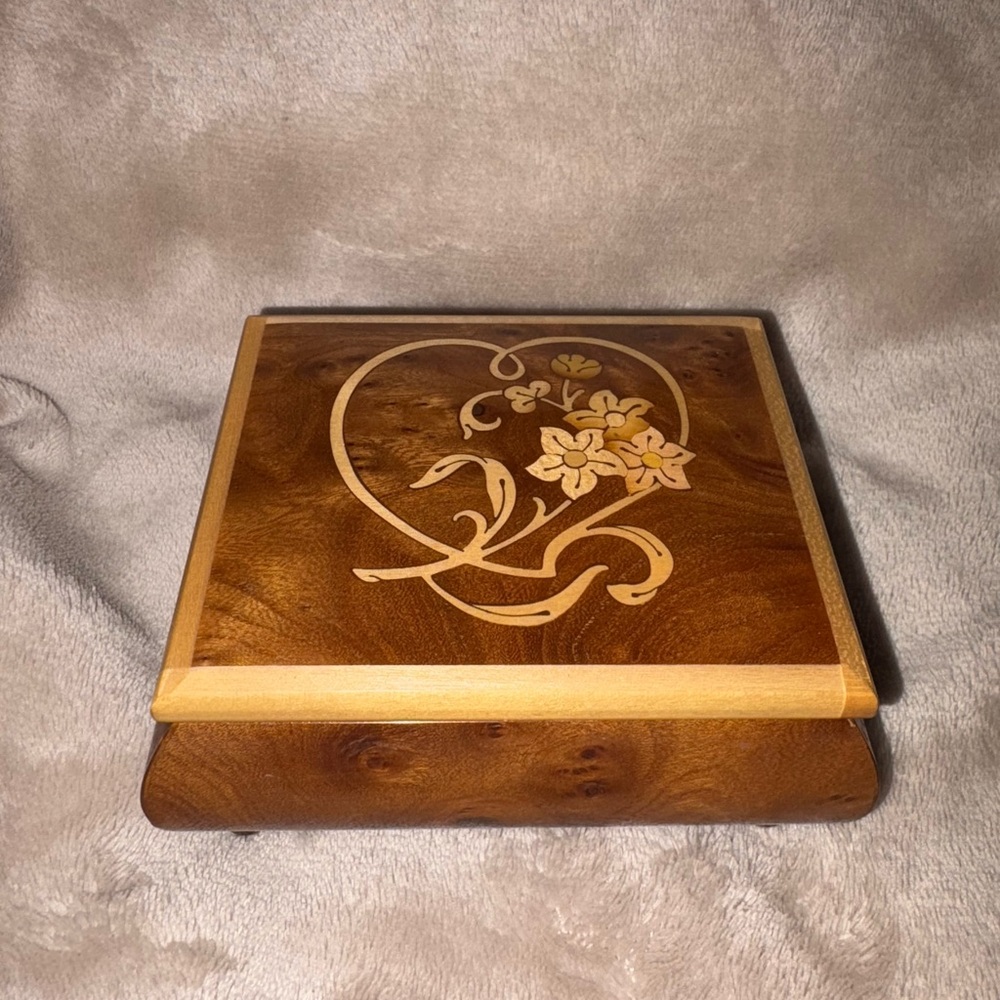 Wooden Jewelry Box with Floral Inlay